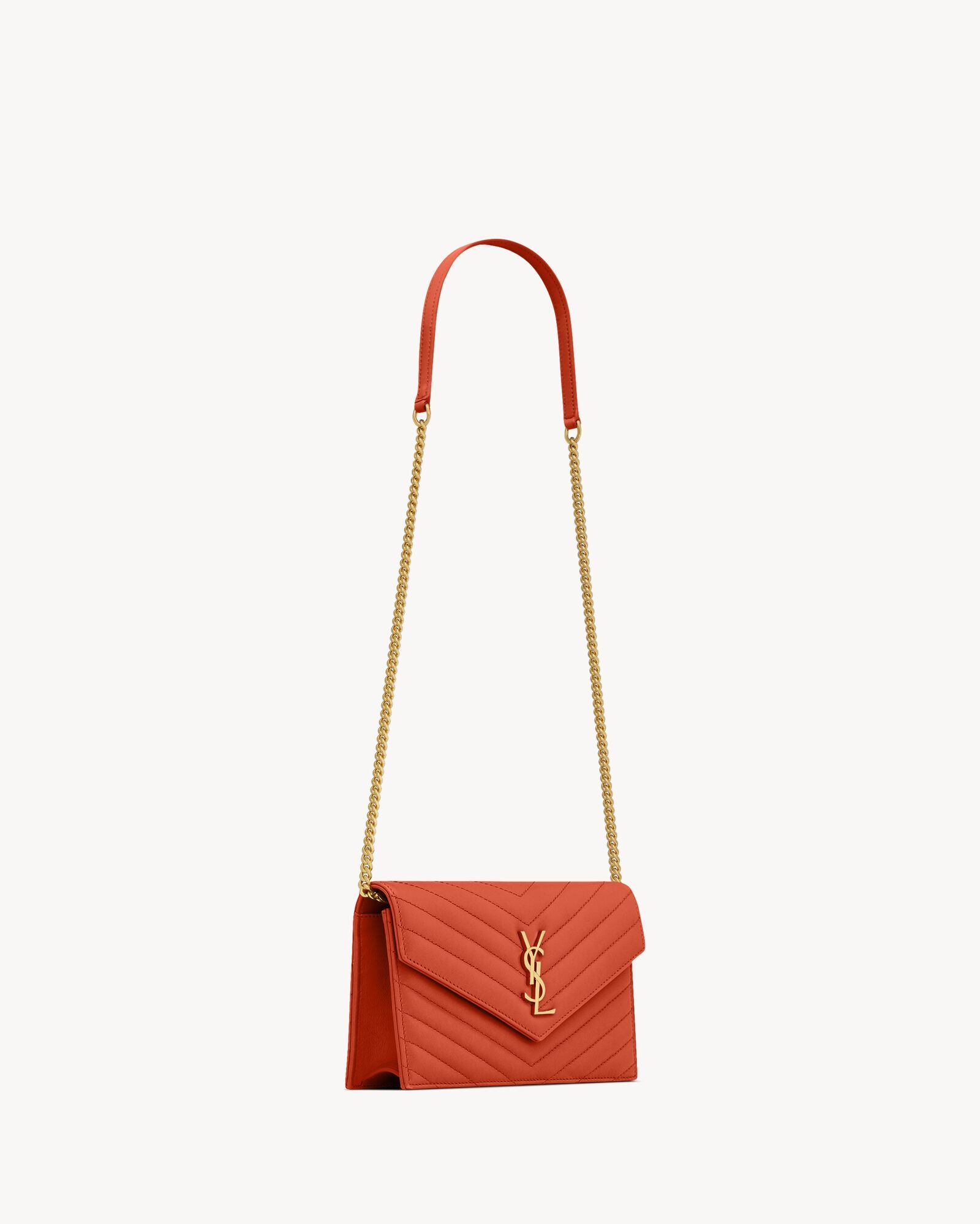Saint Laurent Cassandre Envelope Sheep Leather Envelope Chain Wallet In Brown