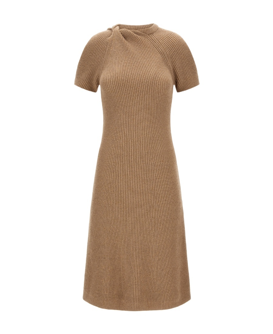 Stella Mccartney Crew Neck Knitted Ribbed Knee-length Dress In Brown