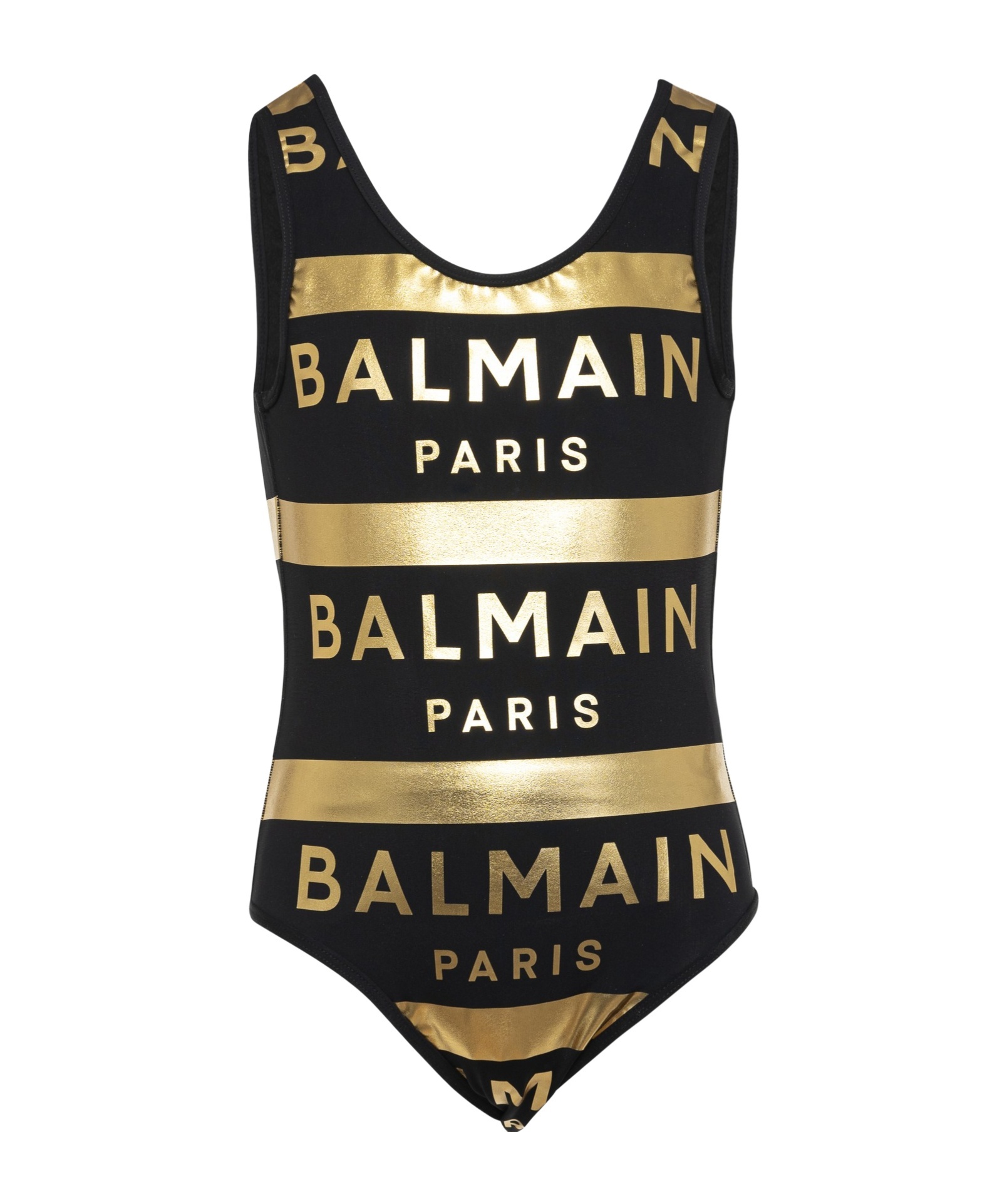 Balmain Metallic Logo-print Swimsuit In Black/gold