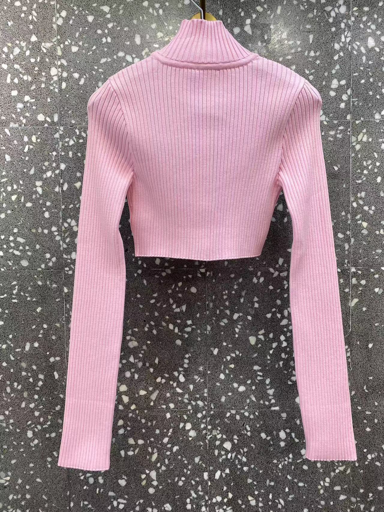 Courrèges Pink Circle Mockneck Ribbed Crop Top In Pink