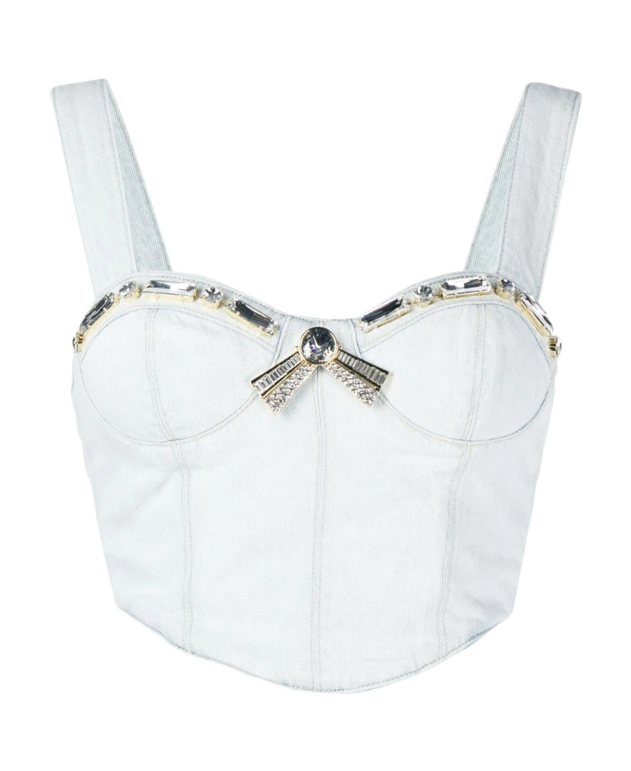 Area Crystal Trim Denim Bustier Top In Pale Blue