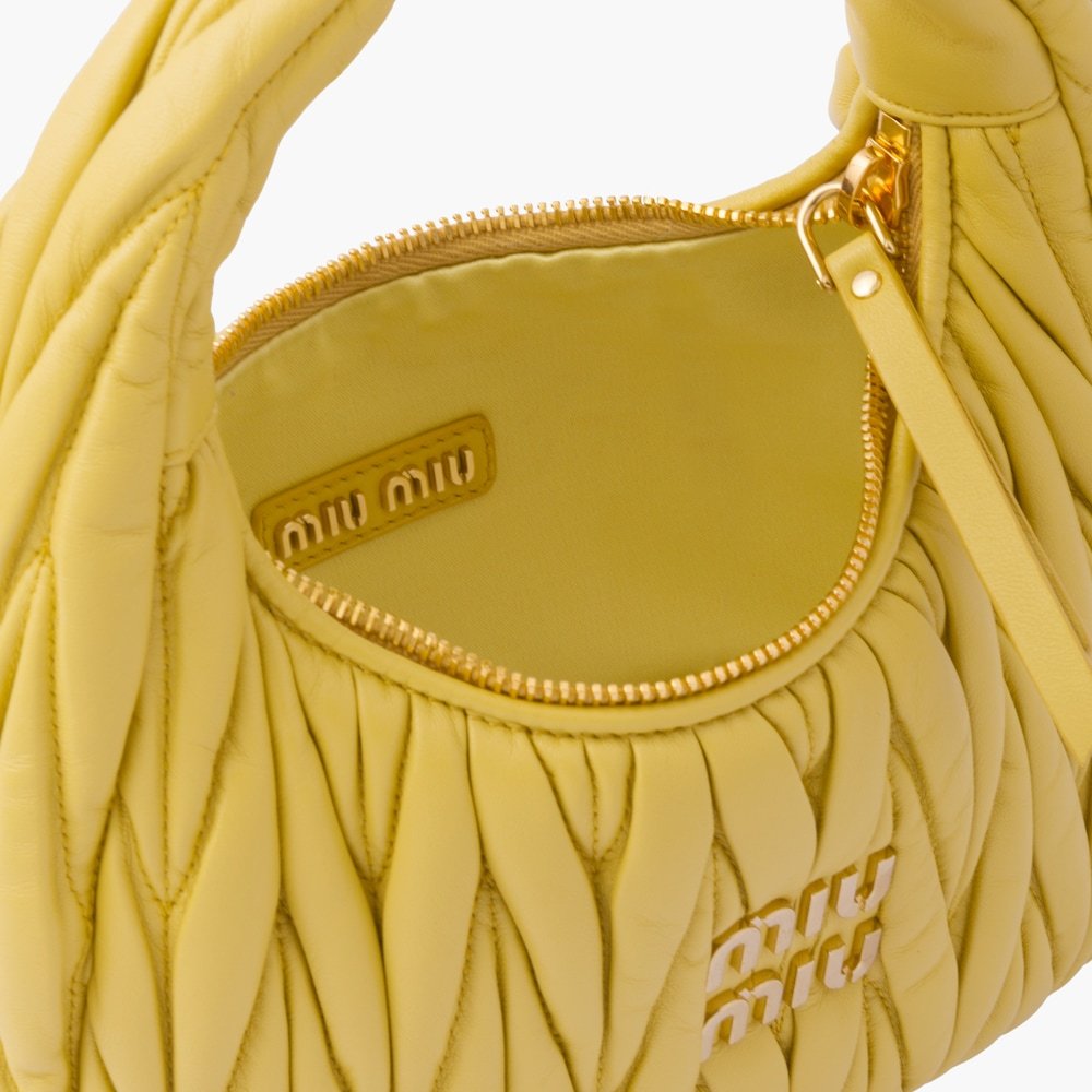 Miu Miu Wander Matelassé Logo Plaque Mini Hobo Bag In Yellow