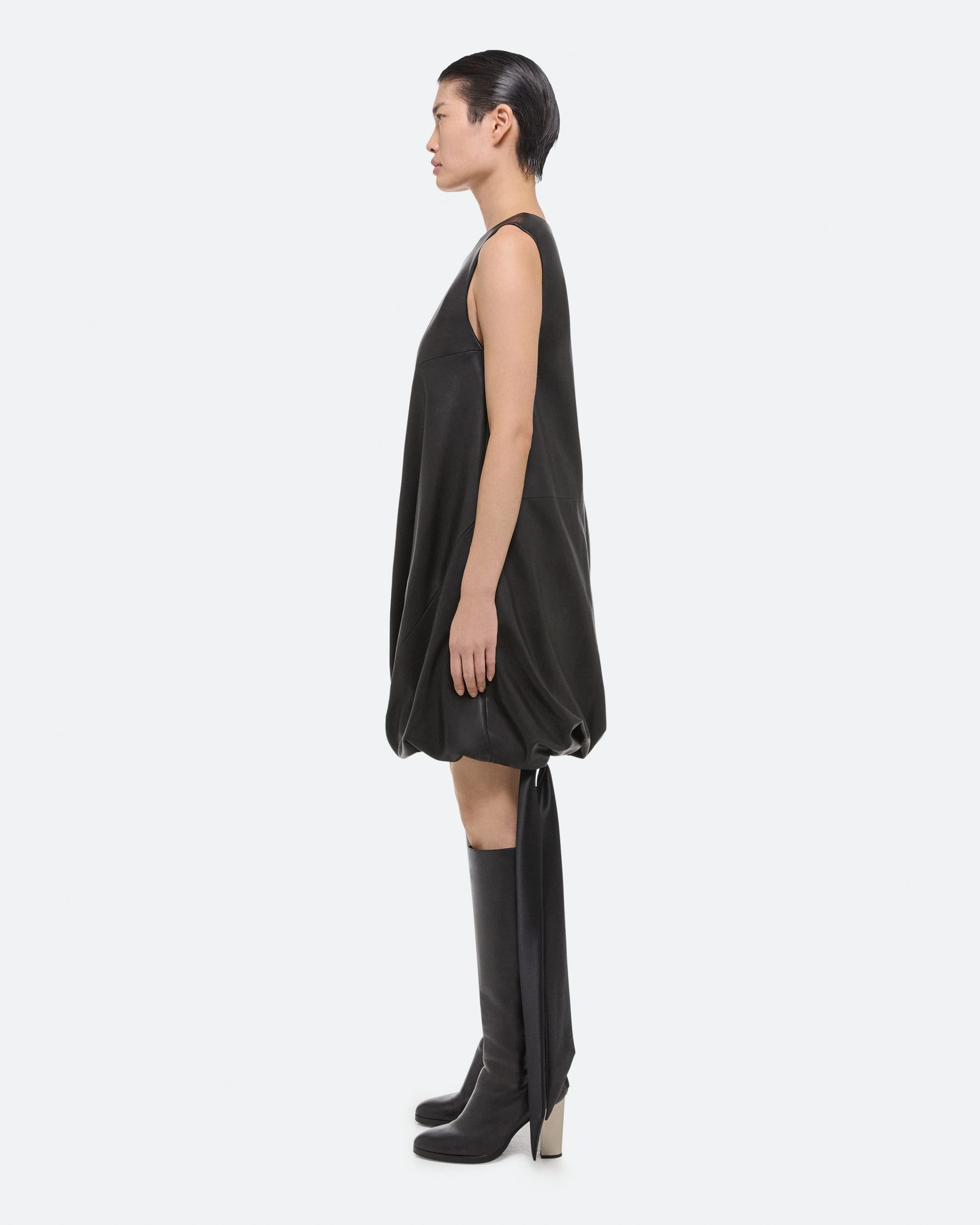 Helmut Lang Leather Puffball Minidress In Black
