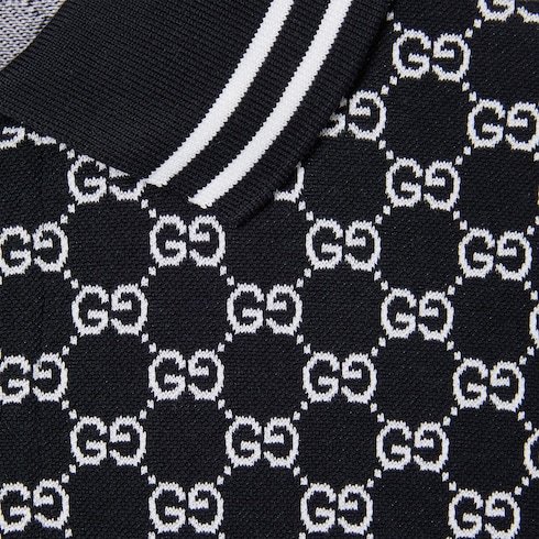 Gucci Mens Monogram-pattern Striped-trim Cotton Polo Shirt Ink White In Black