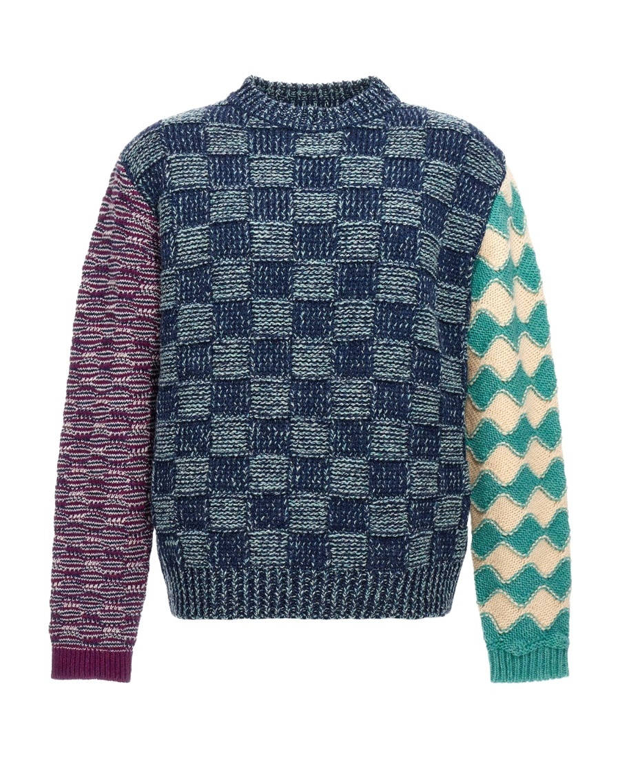 Marni Checked Patchwork Virgin Wool Jumper In Blue