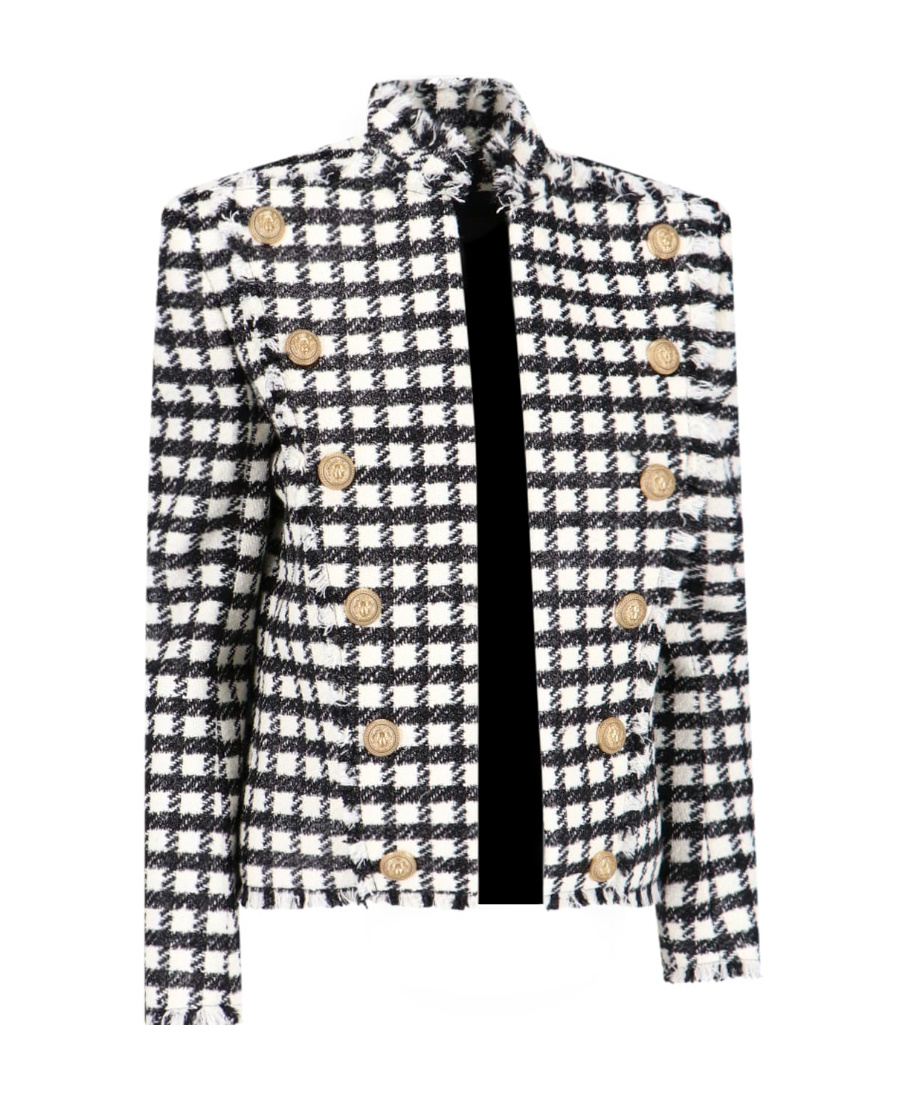 Balmain Button-embellished Checked Jacket In Black