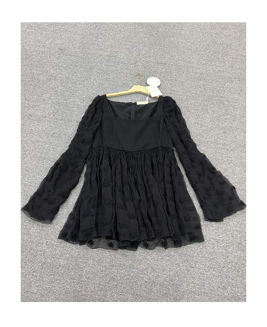 Chloé Square Neckline Flared Sleeves Sheer Overlay Embroidered In Black