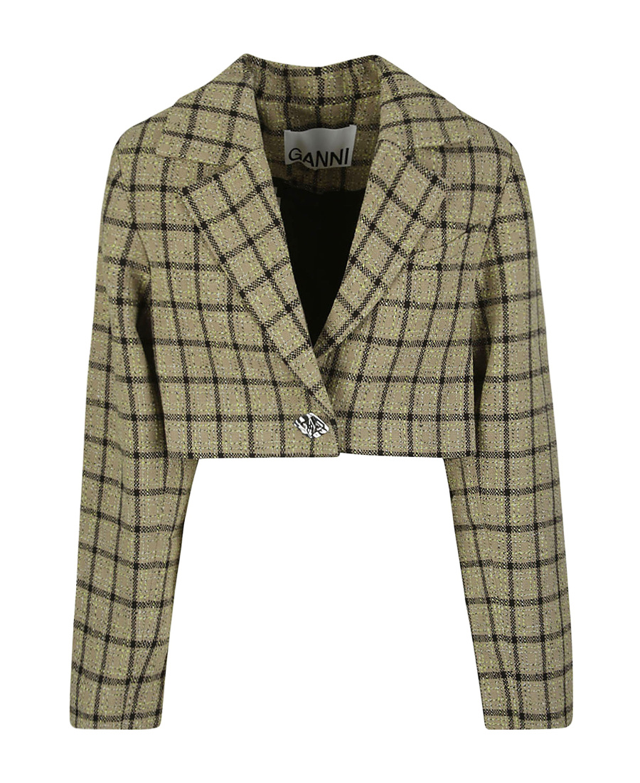 Ganni Check Suiting Cropped Blazer In Multicolor