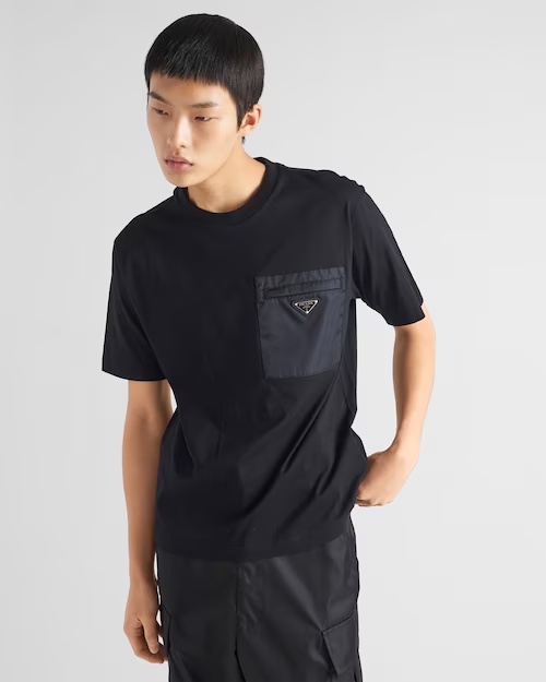 Prada Cotton T-shirt With Nylon Pocket In Black