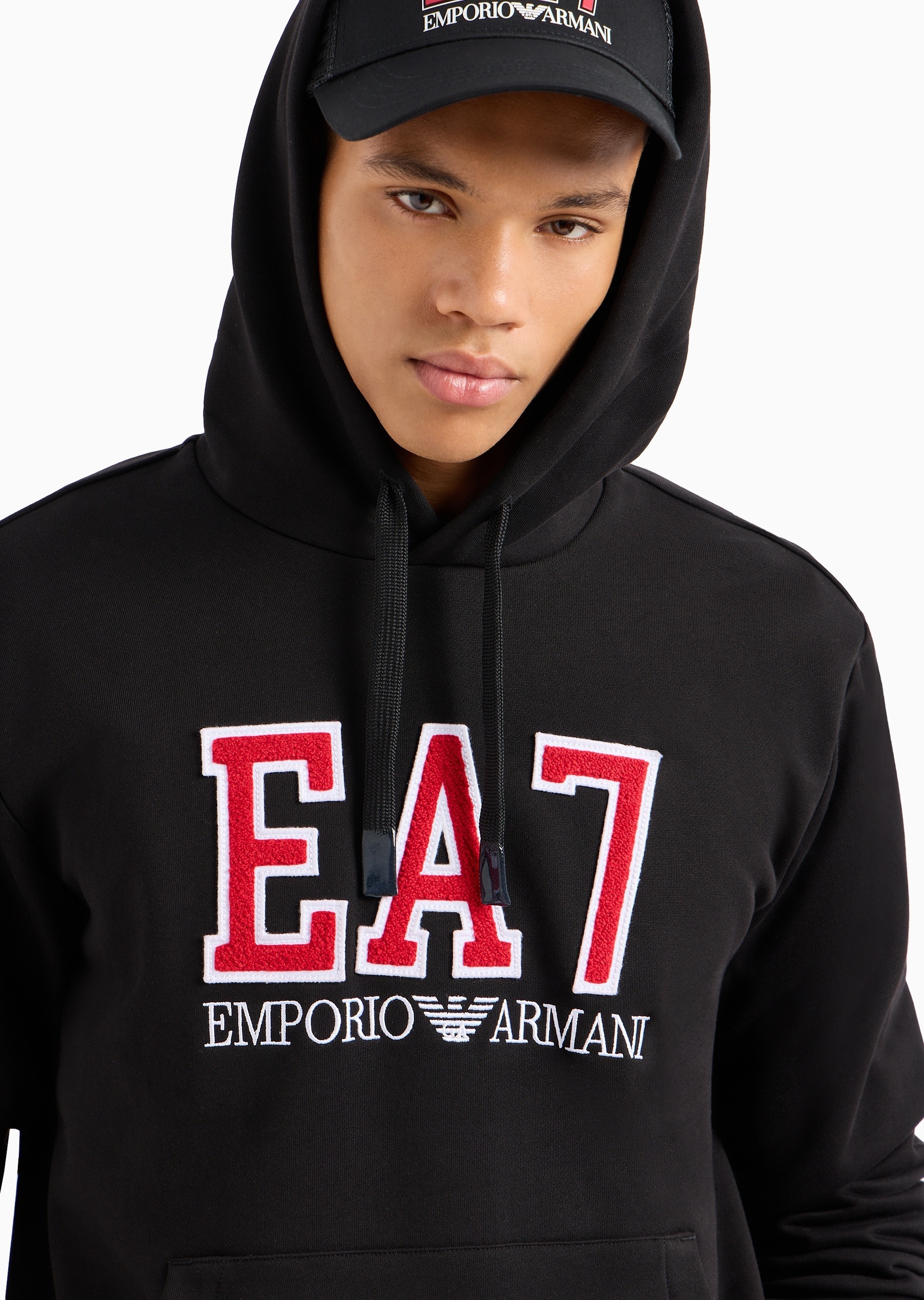 Ea7 Logo-print Cotton-blend Hoodie In Black