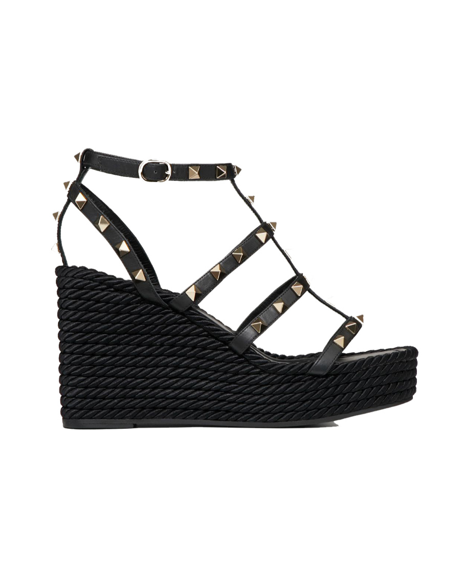 Valentino Rockstud Ankle Strap Wedge Sandal In Calfskin Leather 95 Mm In Black