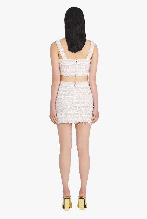 BALMAIN WHITE TWEED SPORTS BRA CROP TOP