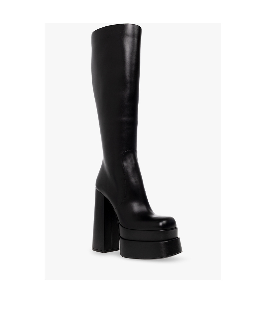 Versace Square Toe Block Heeled Boots In Black