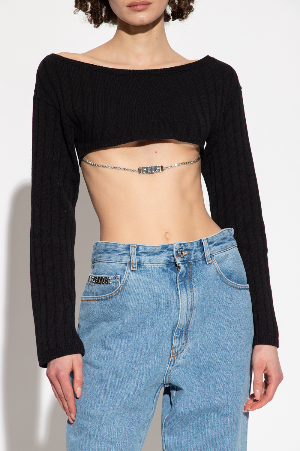 Gcds Bling Off-the-shoulder Crop Sweater In Black