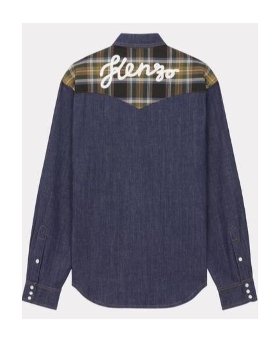 Kenzo Checked-panel Denim Shirt In Black