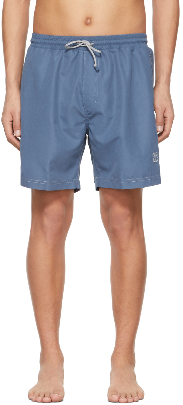 Brunello Cucinelli Embroidered Emblem Swim Shorts In Blue