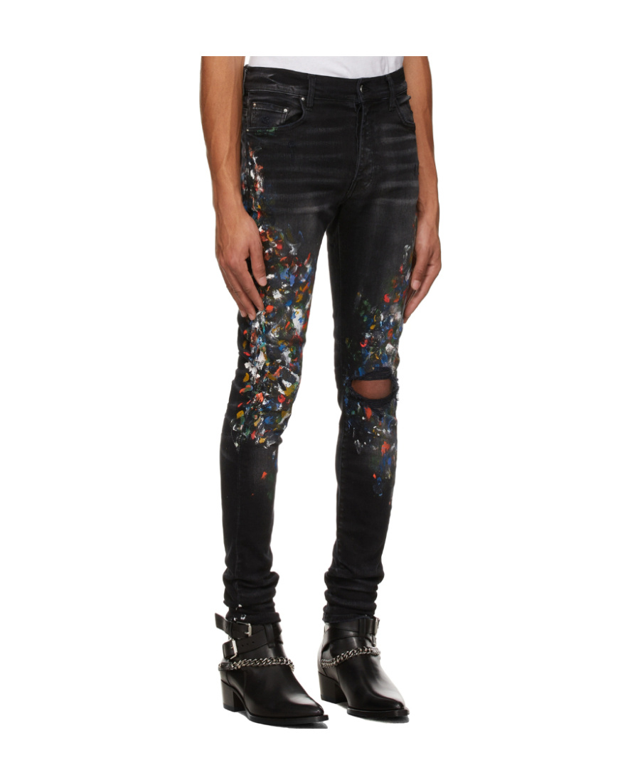 Amiri Paint Print Distressed Skinny Jeans In Black