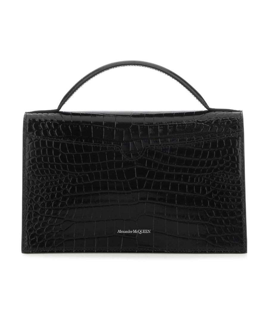 Alexander Mcqueen Medium Skull Croc Embossed Leather Top Handle Bag In Black