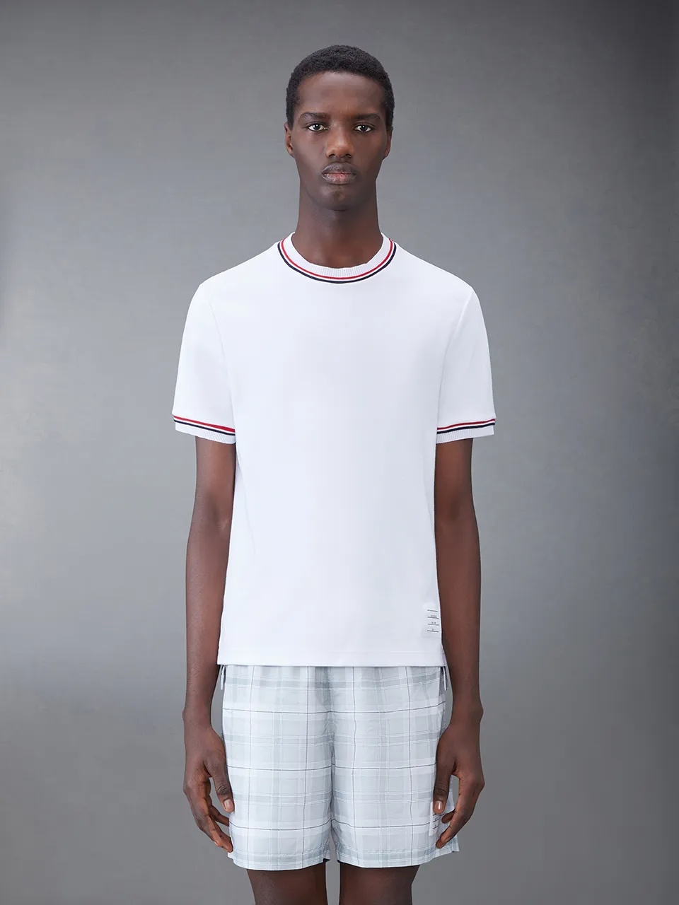 Thom Browne White Crewneck T-shirt With Rwb Detail On Neck And Sleeve In White