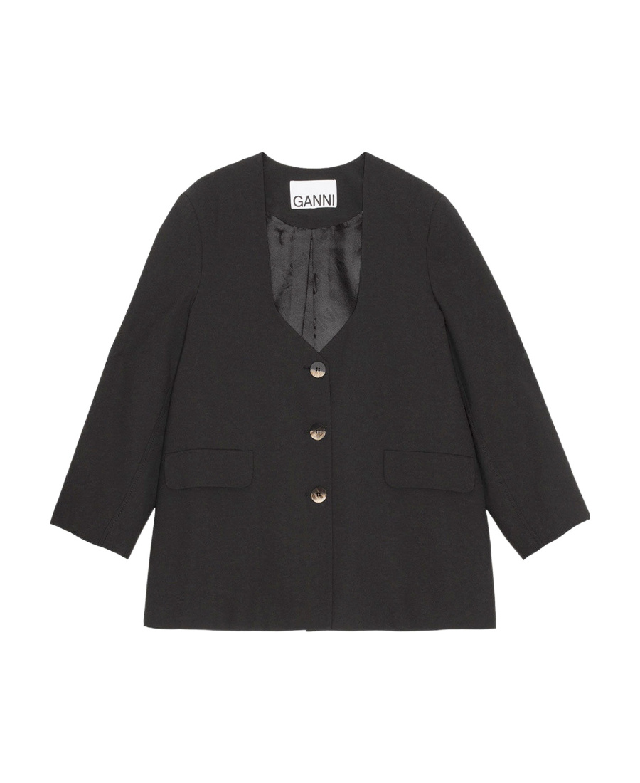 Ganni Scoop-neck Single-breasted Blazer In Black
