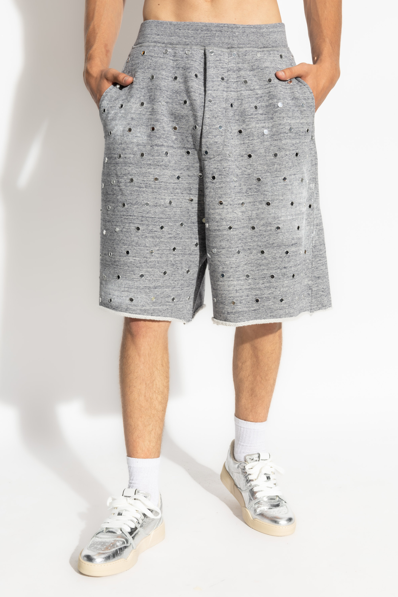 Dsquared2 Eyelet-embellished Mélange-effect Track Shorts In Gray