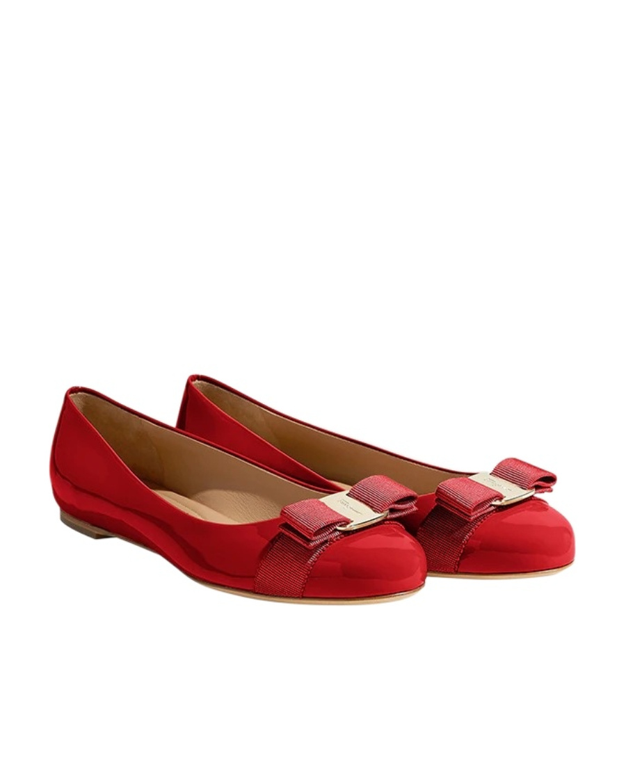 Ferragamo Varina Patent Leather Bow Ballerina Flats In Red