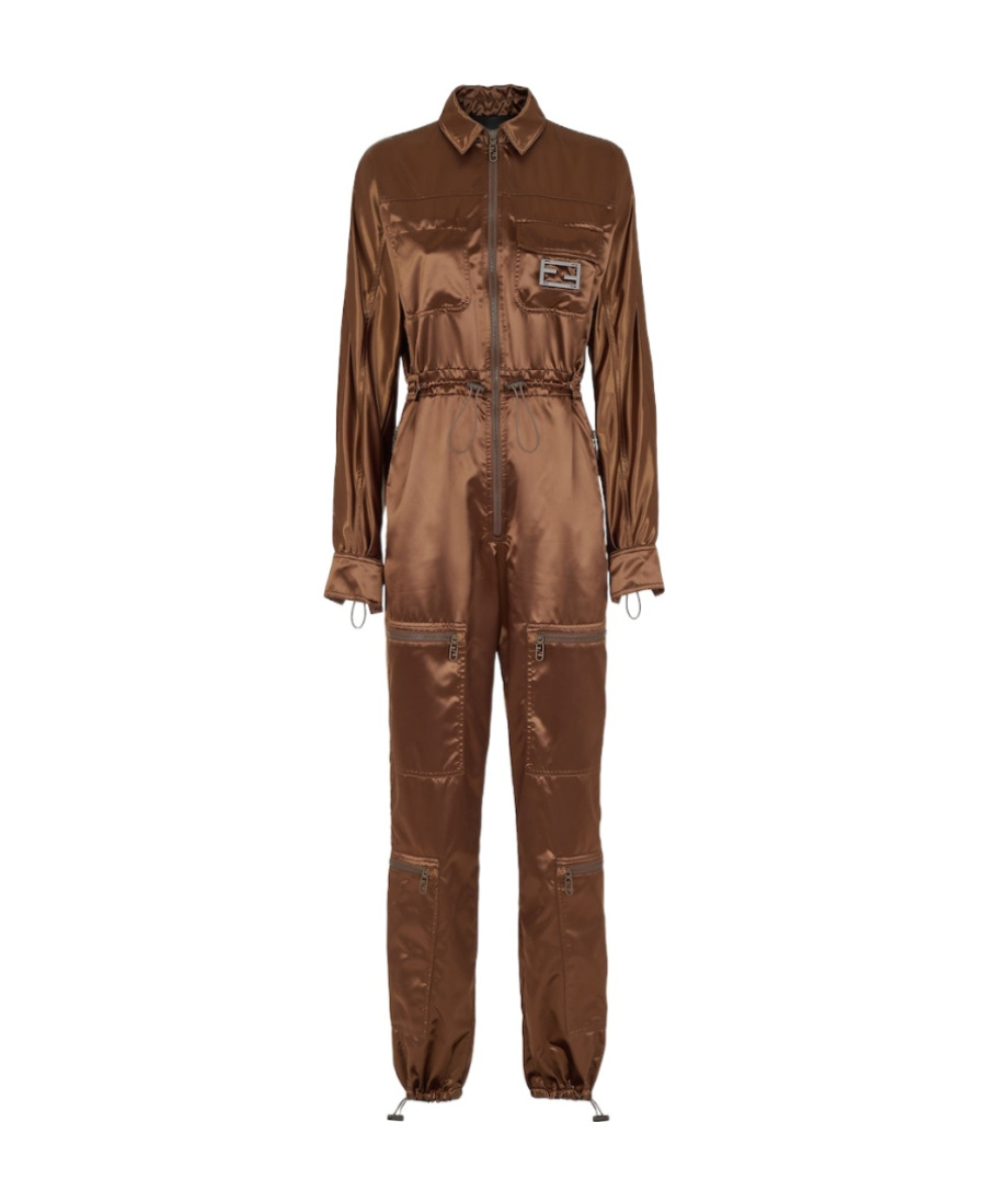 Fendi Ff Plaque Drawstring Waist Jumpsuit In Brown