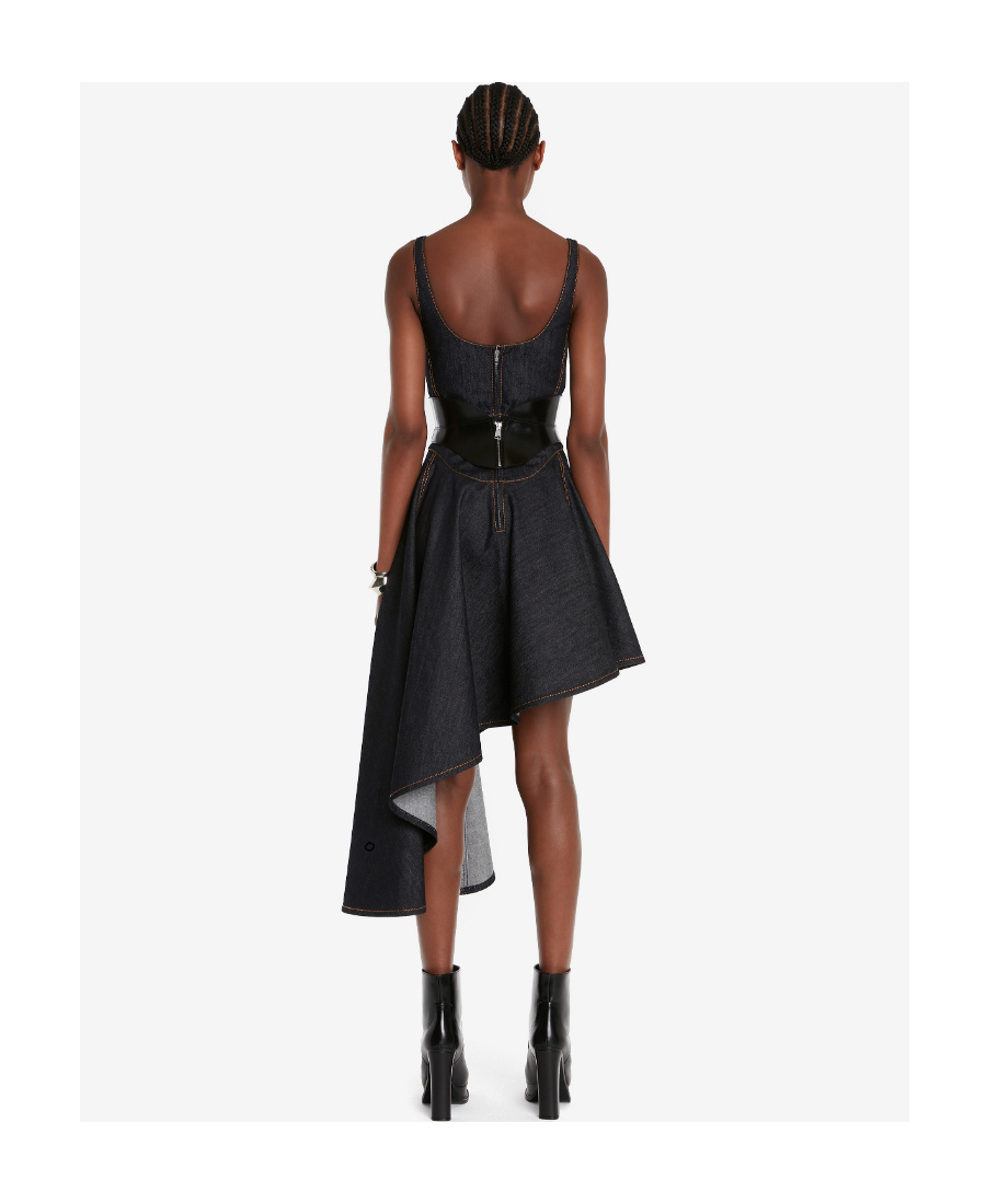 Alexander Mcqueen Asymmetric Midi Denim Corset Dress In Blue