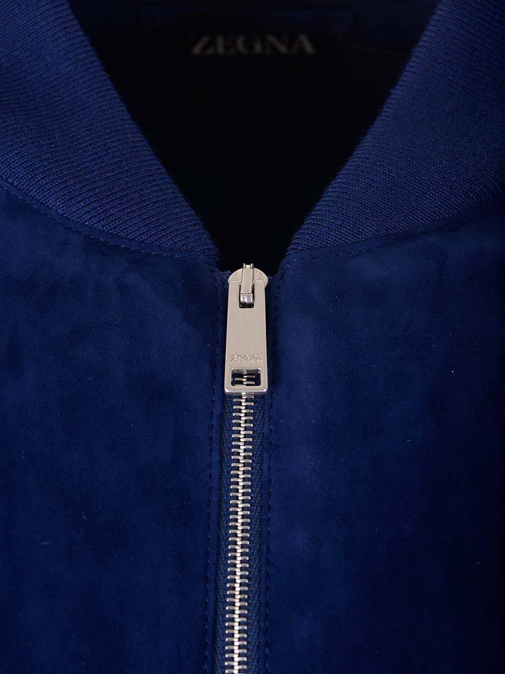 Zegna Suede Bomber Jacket In Blue