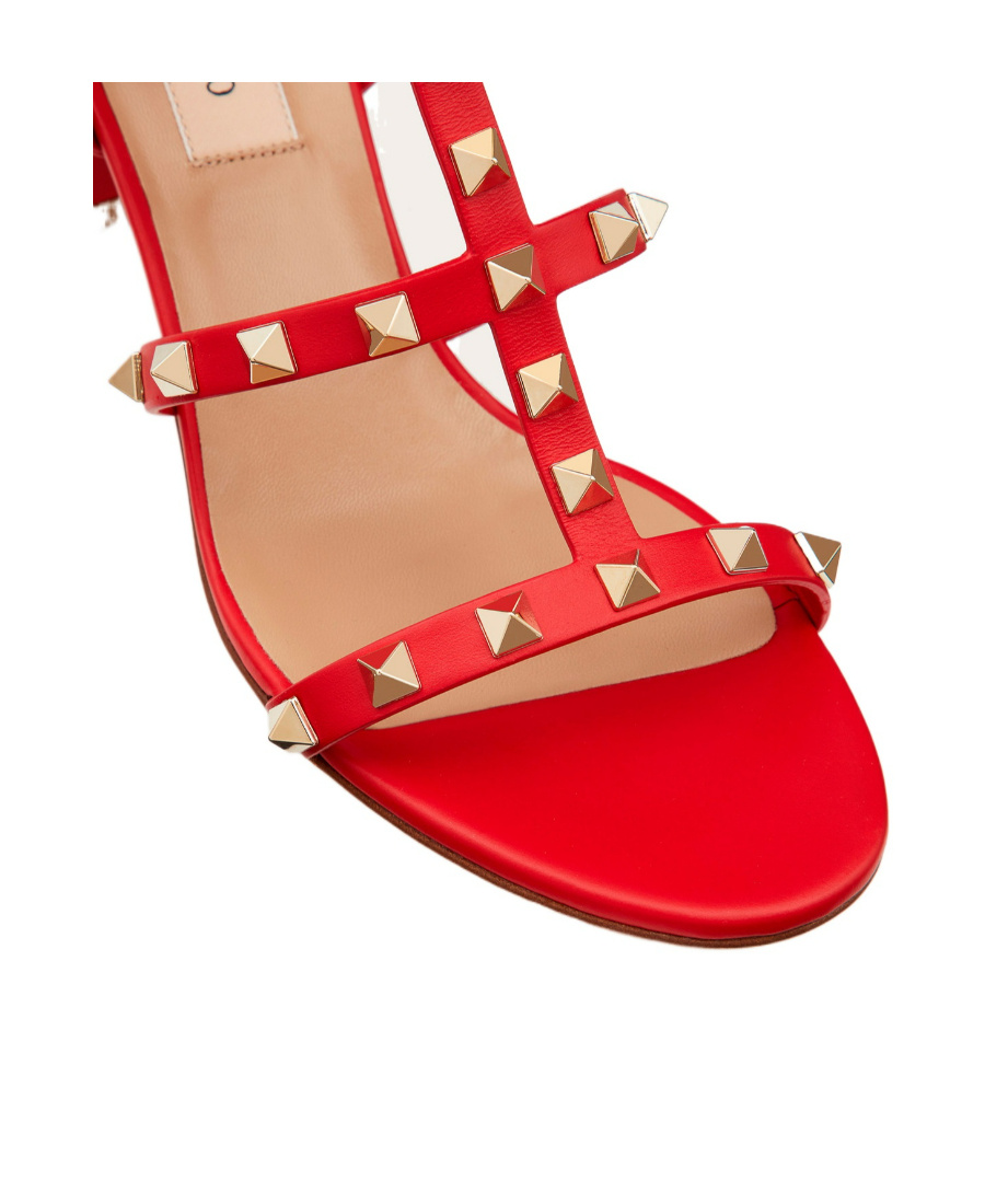 Valentino Garavani Red Leather Rockstud Sandal With Pyramid Studs And Block Heel In Red