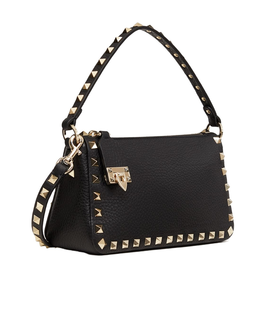 Valentino Small Rockstud Shoulder Bag In Grained Calfskin In Black