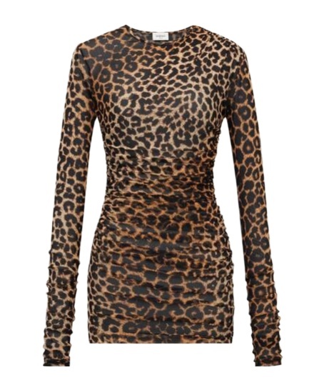 Saint Laurent Leopard-print Tulle Jersey Pleated Mini Dress In Brown