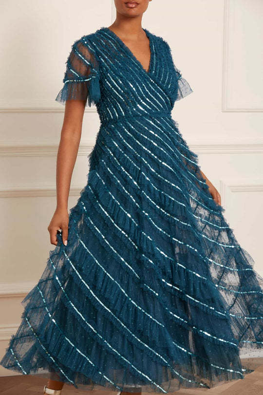 Needle & Thread Sequined V Dress In Blue