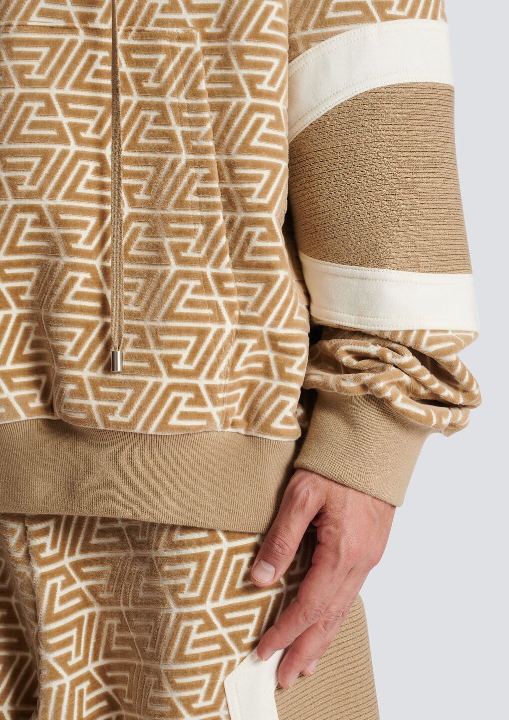 Shop Balmain Hoodie With Printed Pyramid Monogram In Nude