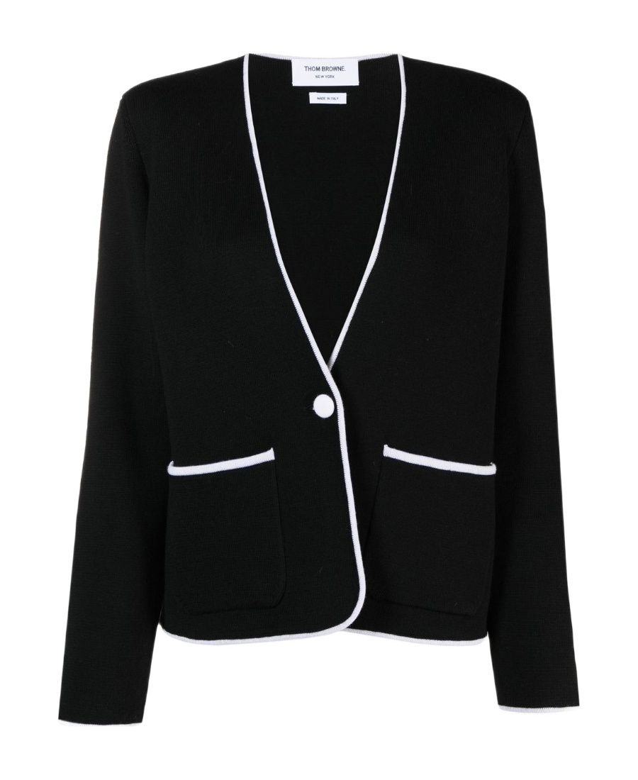 Thom Browne Contrasting-trim Collarless Jacket In Black