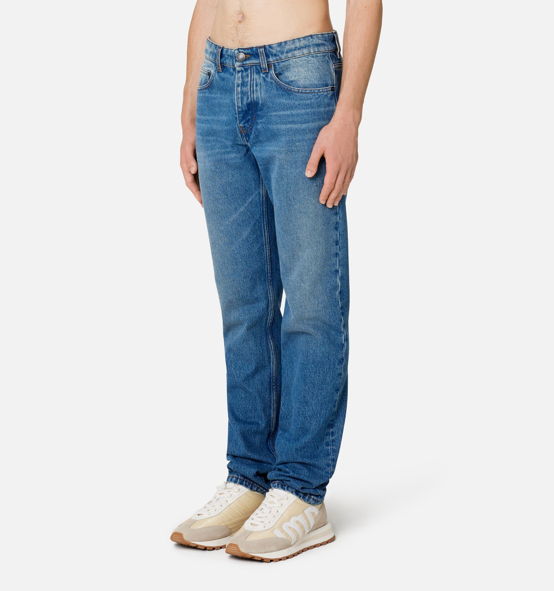 Ami Alexandre Mattiussi Ami Straight-leg Denim Jeans With Faded Blue Wash And Leather Accent