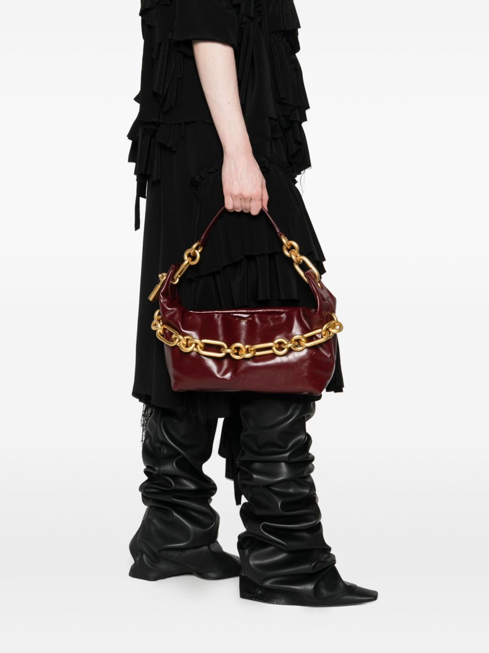 Balmain Medium Leather Shoulder Bag With Chain Strap In Burgundy