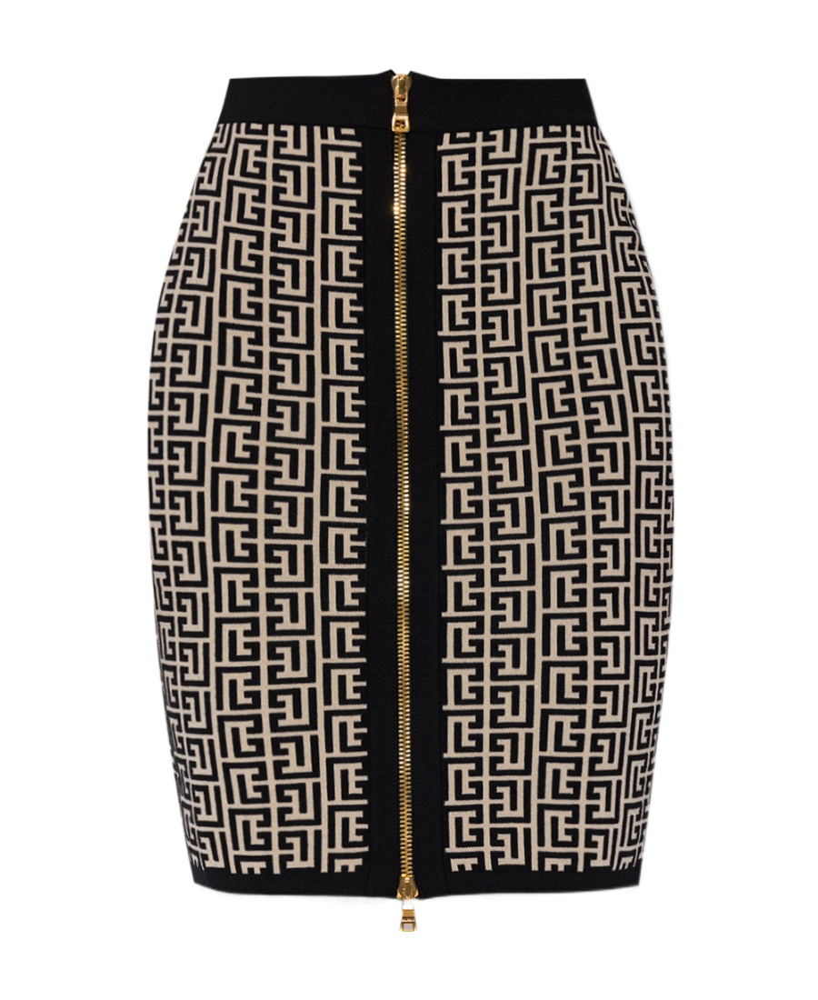 Balmain Monogram Wool Pencil Skirt With Zip In Black
