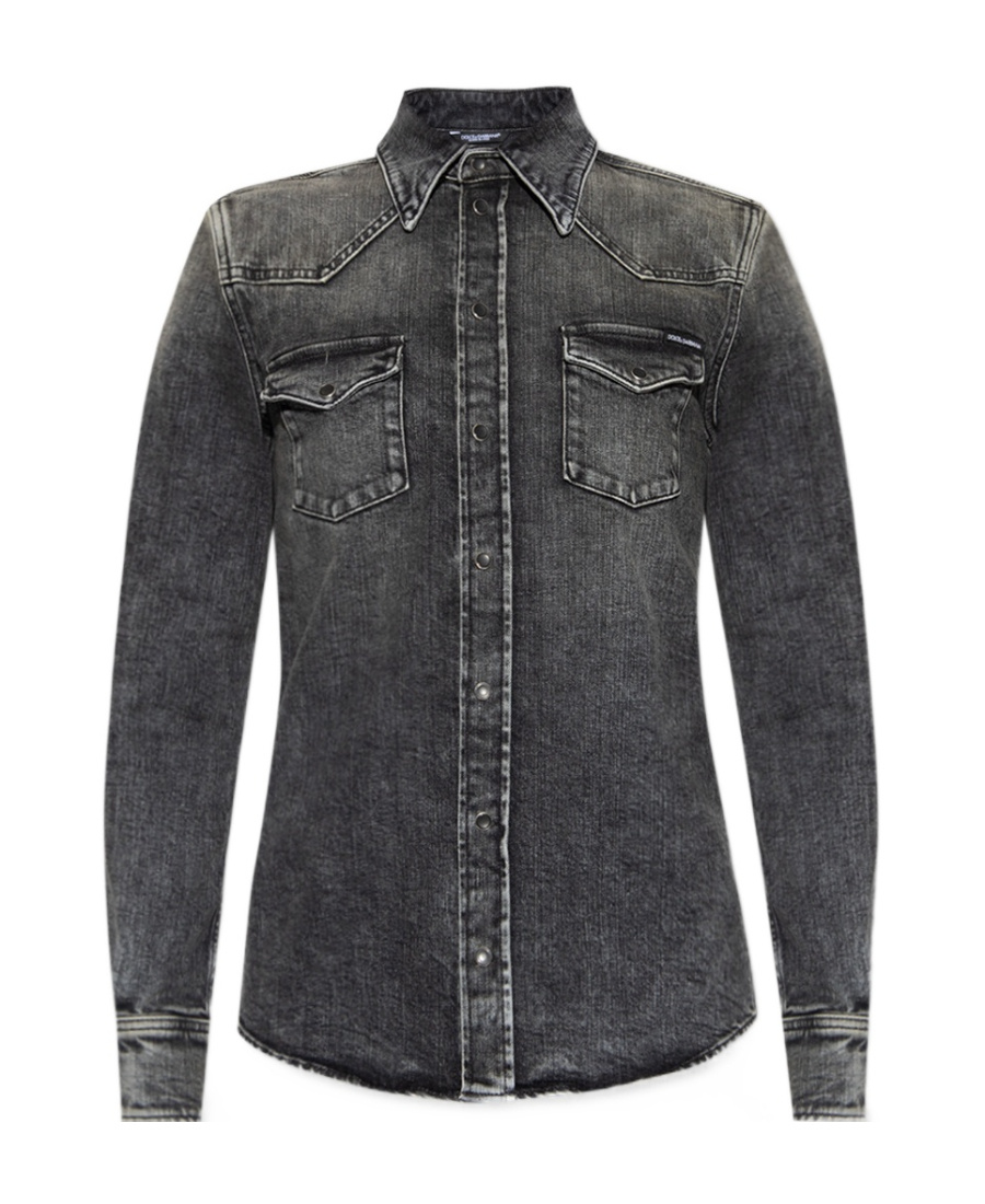 Dolce & Gabbana Black Washed Cotton Snap Long Sleeve Casual Shirt In Black