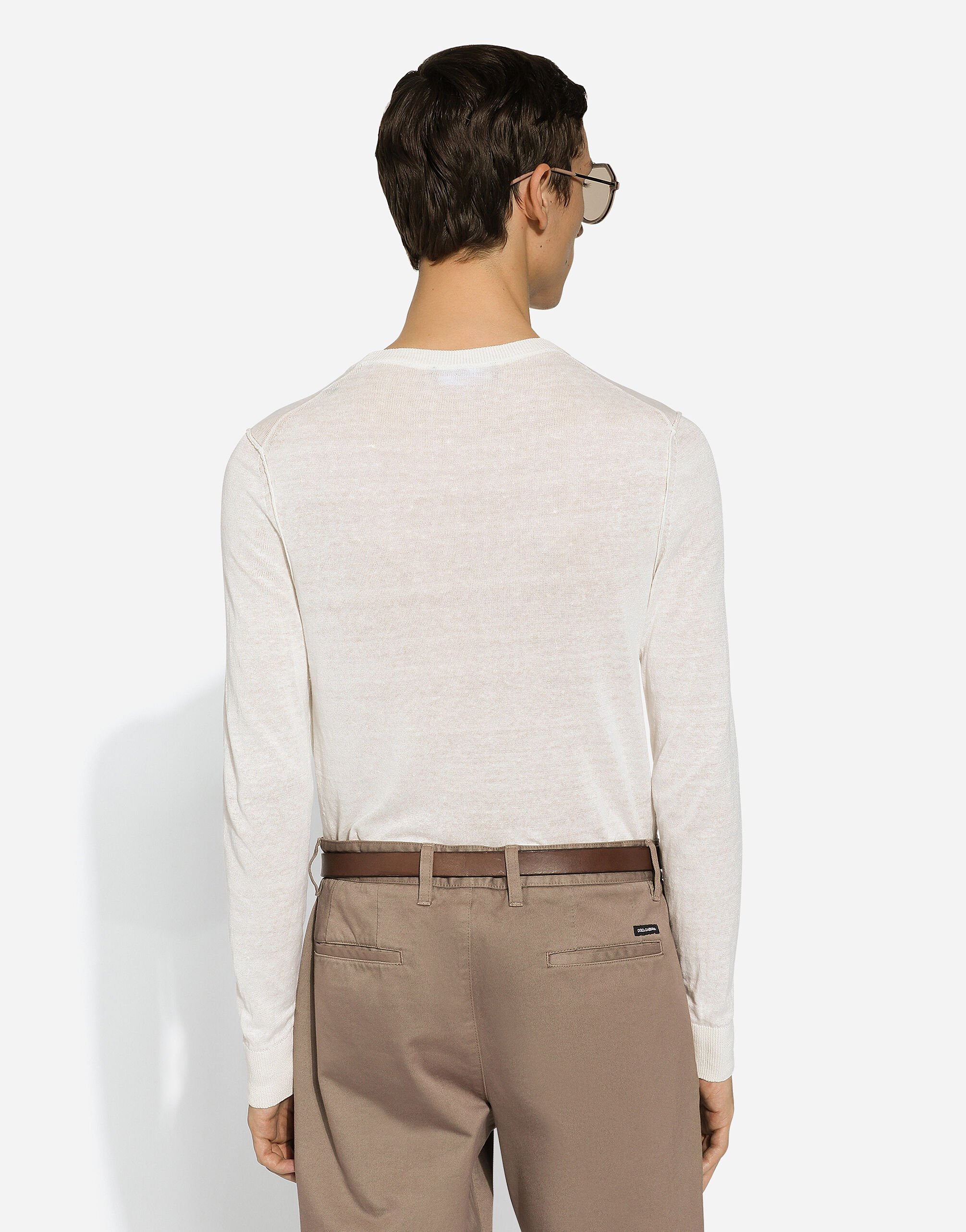 Dolce & Gabbana Linen Round-neck Sweater With Branded Tag In White
