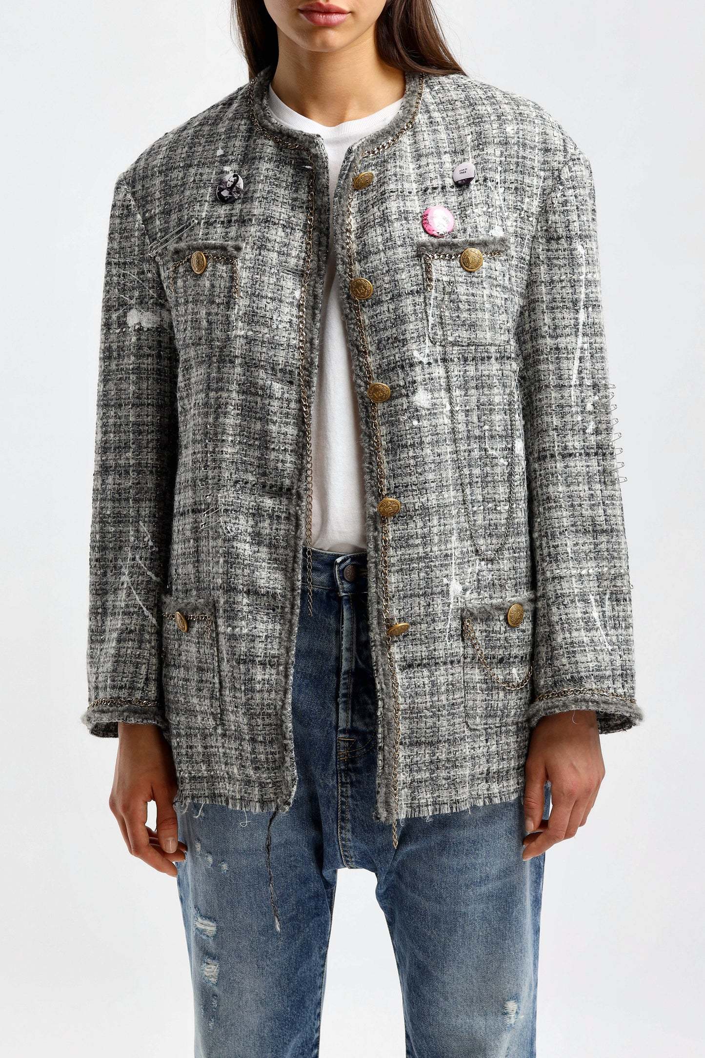 R13 Paint-splatter Buttoned Tweed Jacket In Gray