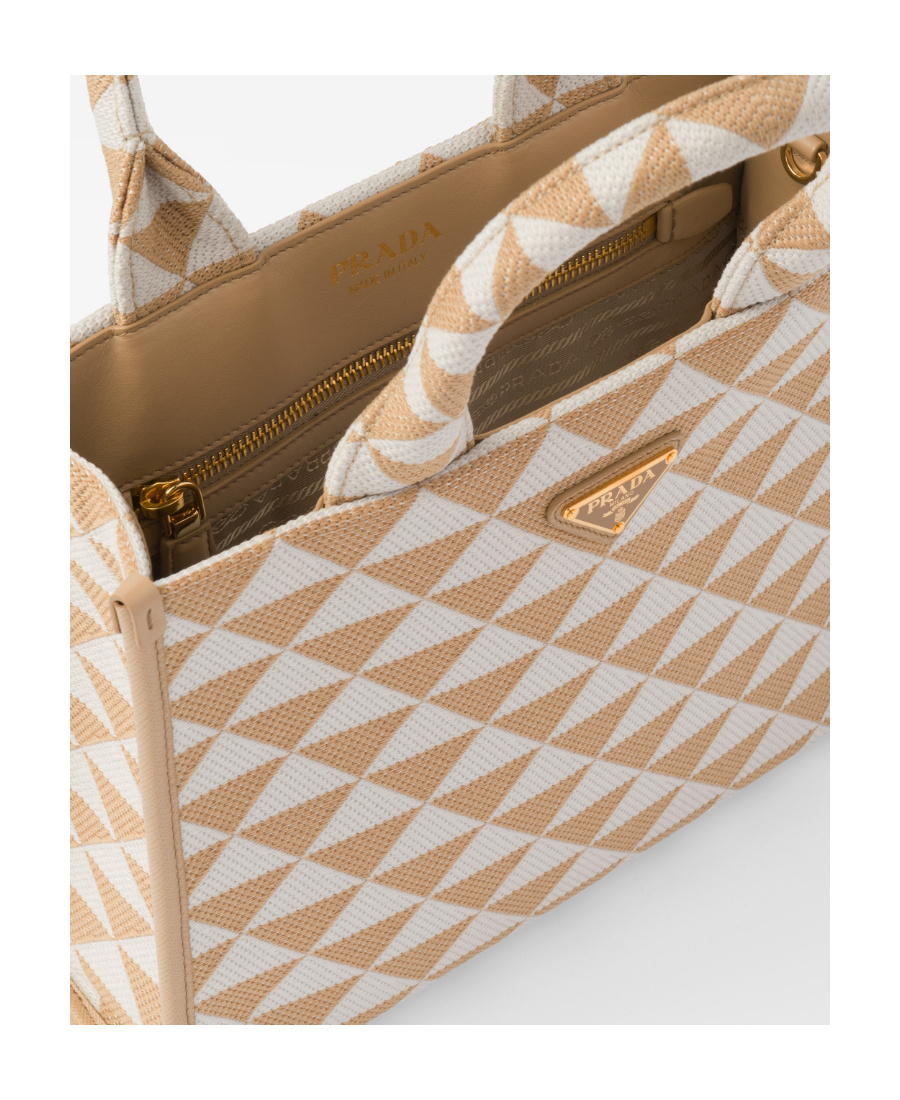 Shop Prada Small Symbole Embroidered Fabric Handbag In Nude
