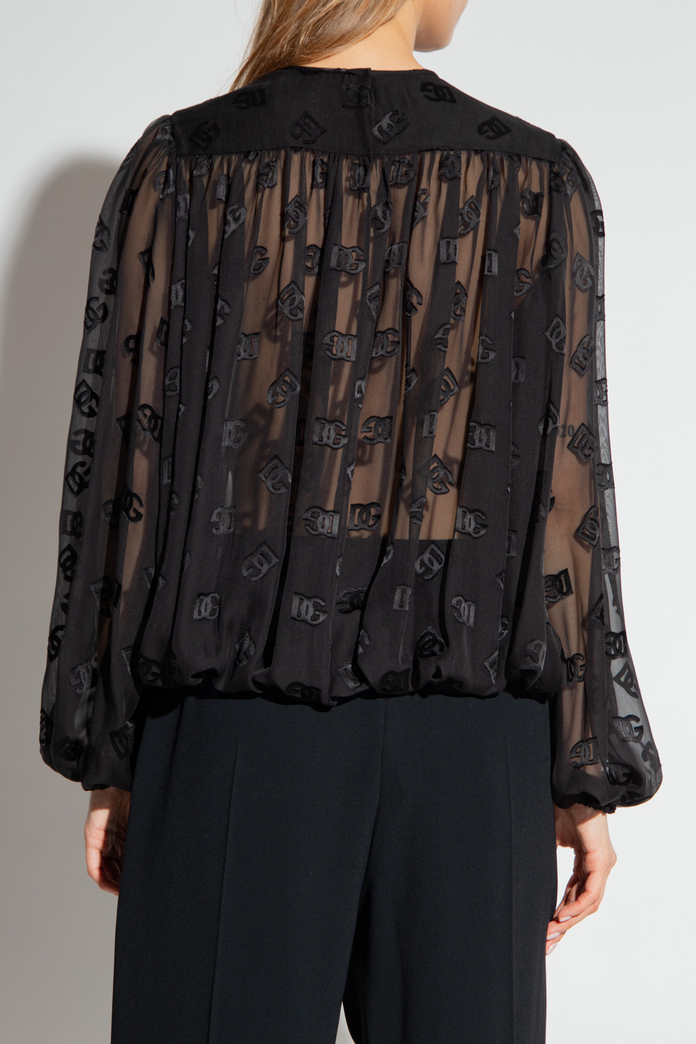 Dolce & Gabbana Logo Jacquard Bishop Sleeves Blouse In Black