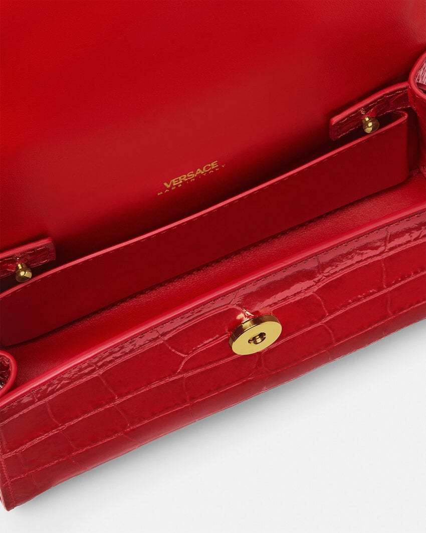 Versace Small Crocodile-embossed Top-handle Bag In Red