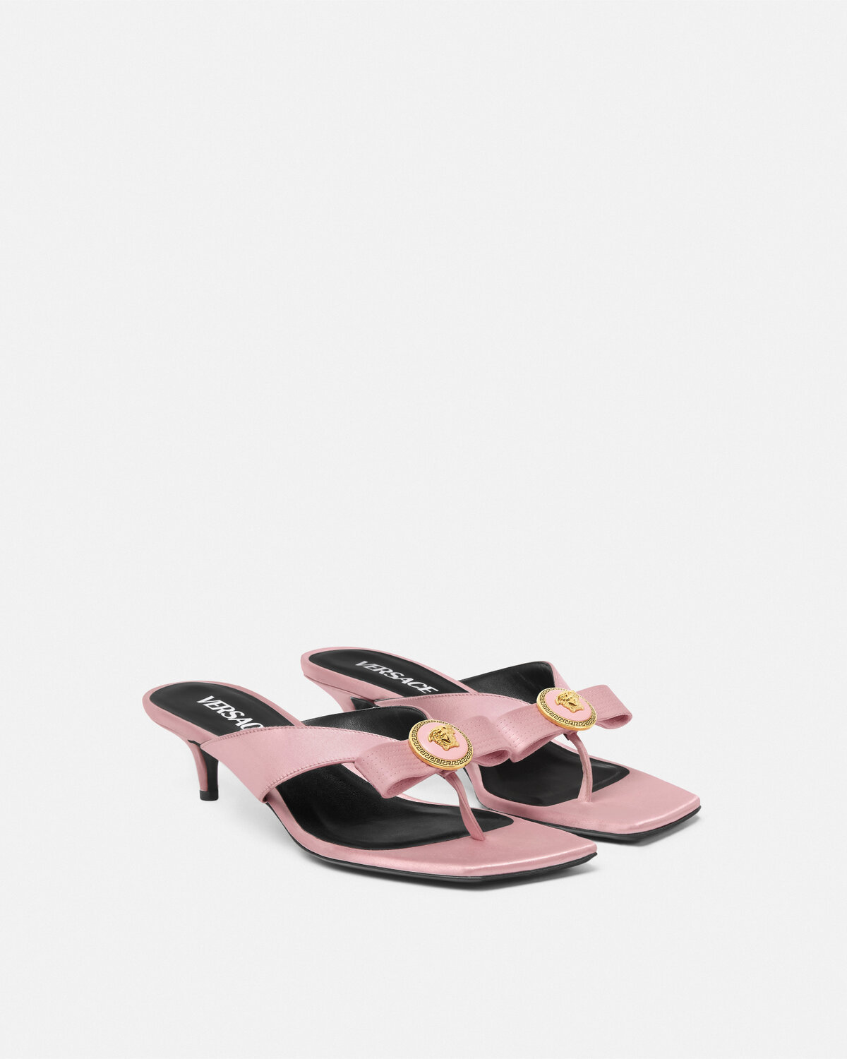 Versace Woman Pink Satin Gianni Ribbon Thong Mules In Pink
