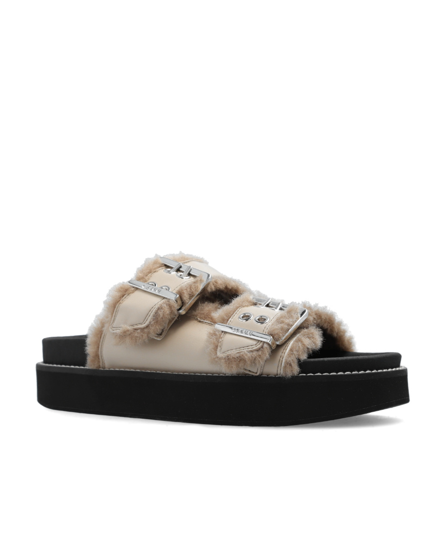 Ganni Taupe Feminine Buckle Flat Sandals In Black