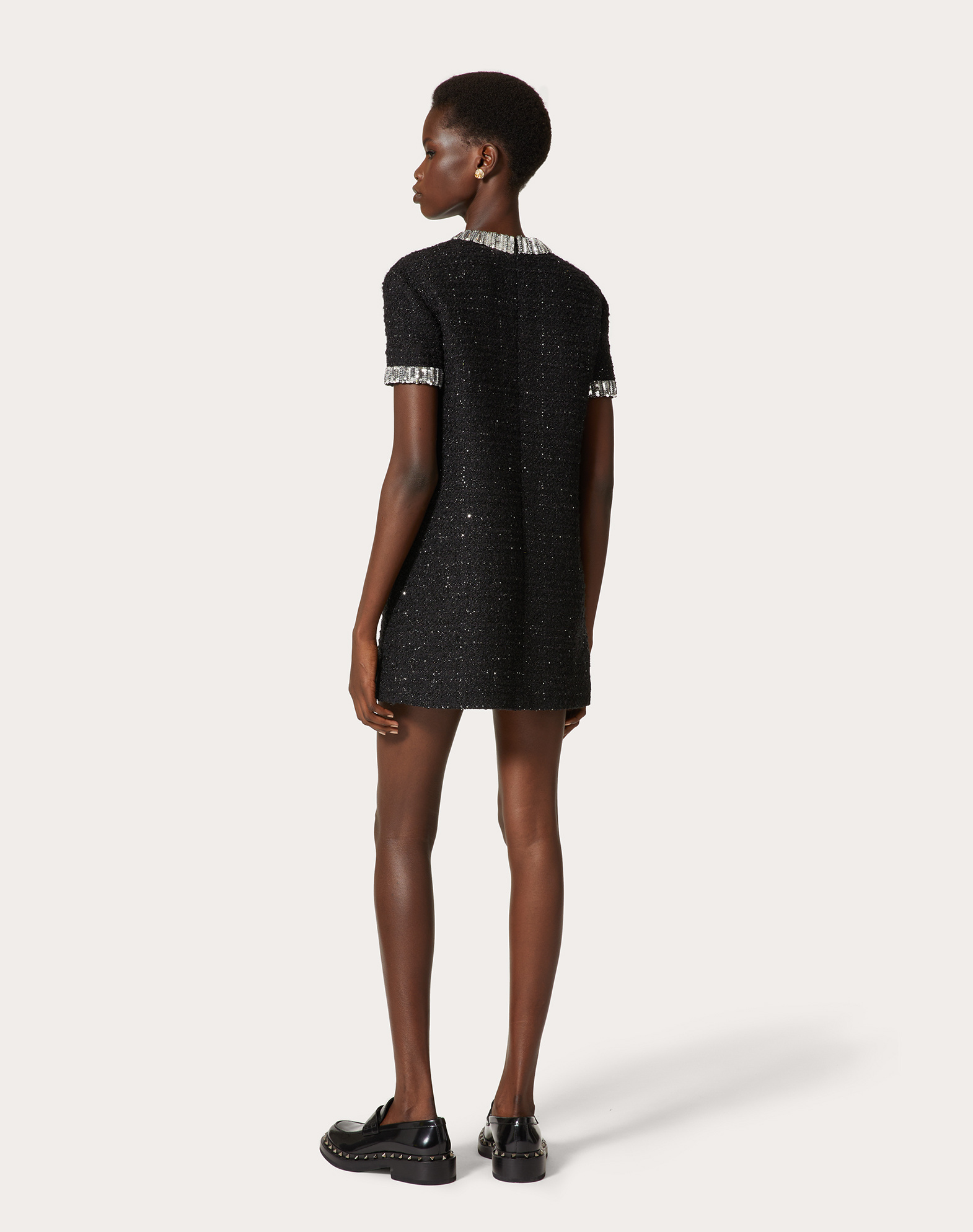 Valentino Tweed Embroidered Mini Dress With Patch Pockets In Black