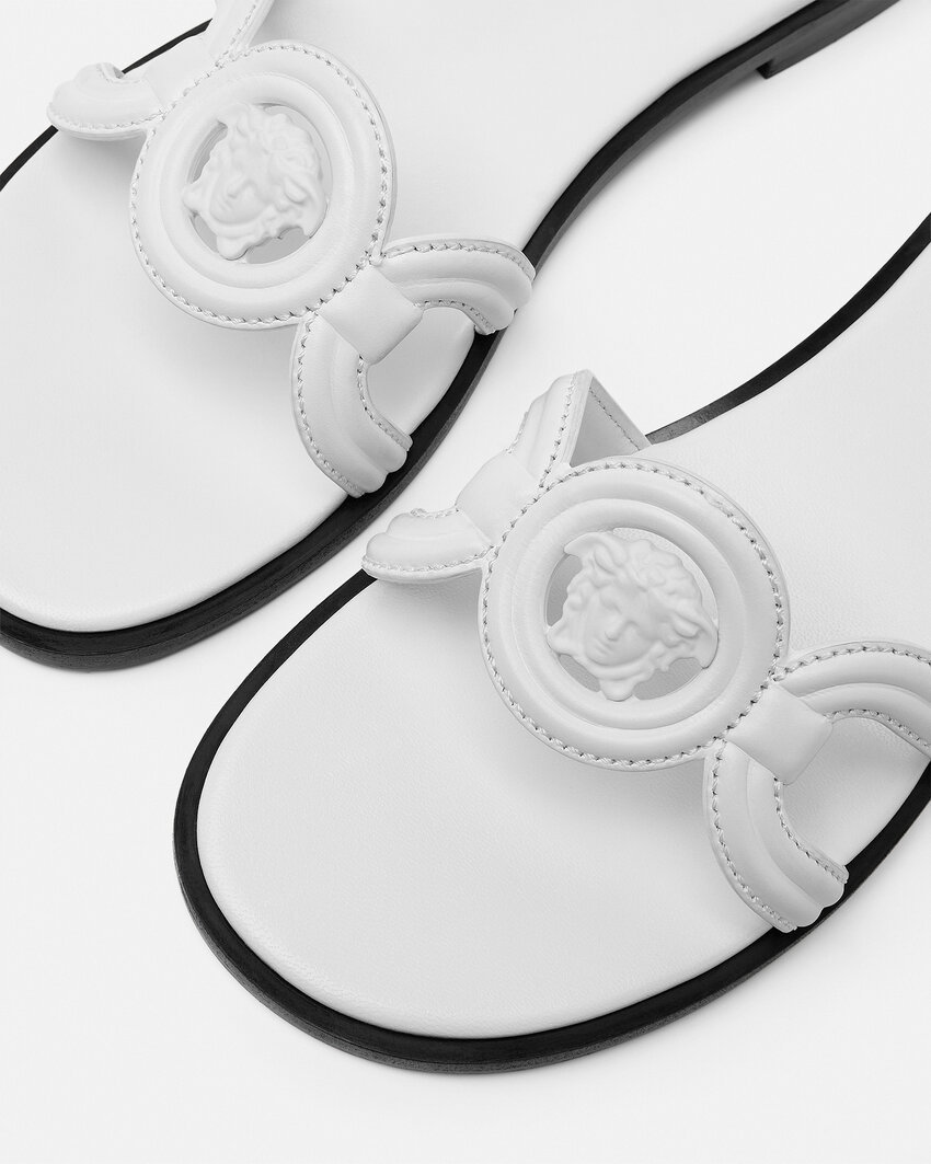 Versace Medusa Leather Flat Slide Sandals In White