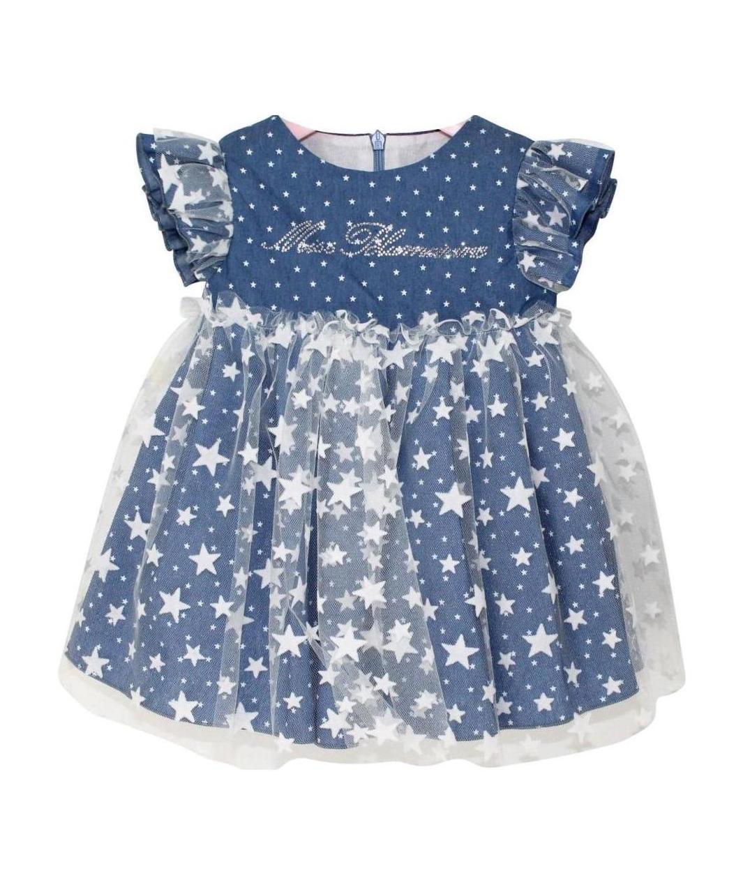 Miss Blumarine Abito Baby Girl Blu In Denim Di Cotone Stampato In Blue