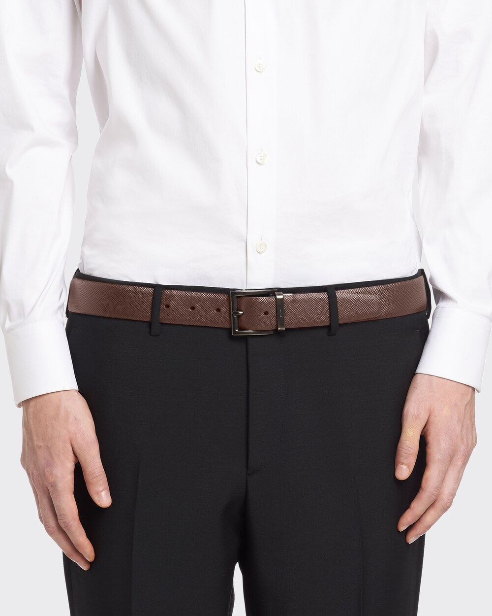 Prada Saffiano Leather Reversible Belt In Black
